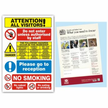 Safety Poster – HSE Law with Visitor Warning Sign