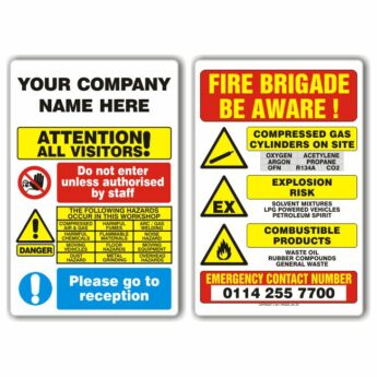 Visitor and Fire Brigade Warning Signs – 2 Pack PERSONALISED